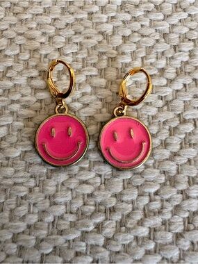 Pink Smile Face Gold Hoop Drop Earrings